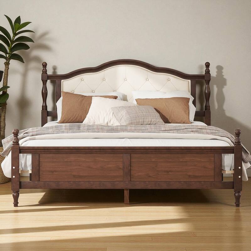 Queen Size Pine Wood Bed with Upholstered Headboard and Panel Footboard, Solid Frame with Central Support and Under-Bed Storage