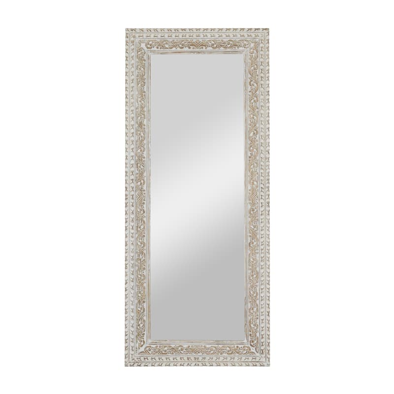 Mango Wood Scroll Vine Wall Mirror with Brown Carved Detail - White - Roche River Decor - White - 36"W, 84"H