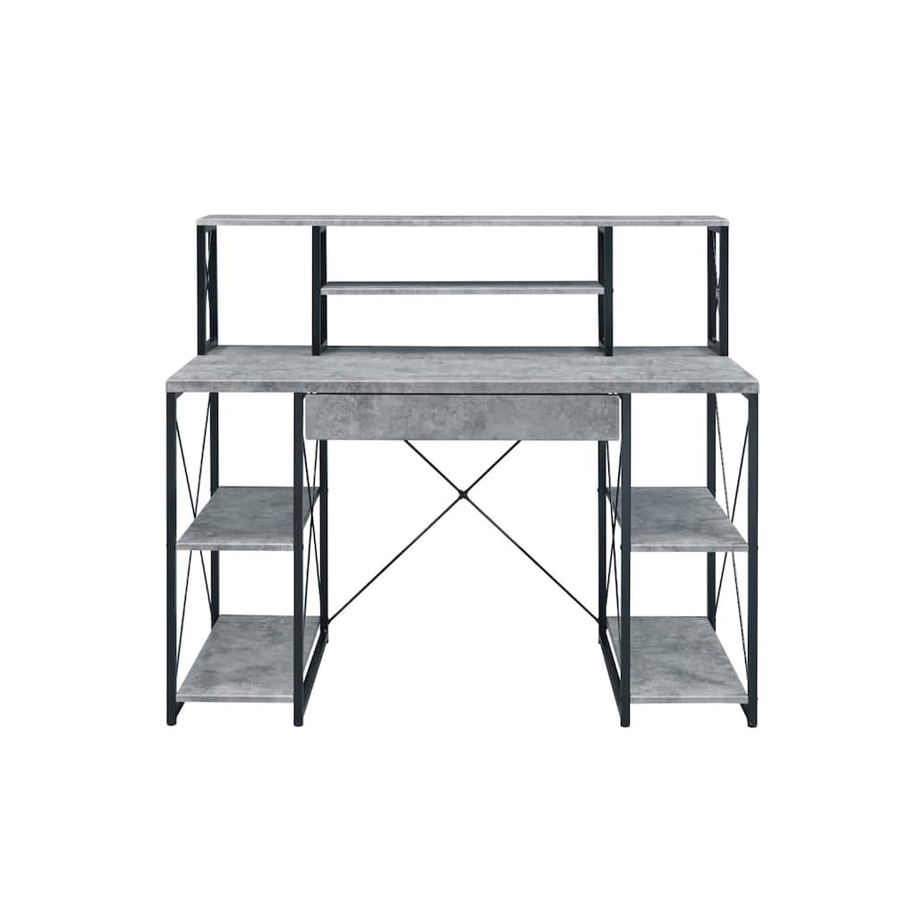 Wood Computer Desk with Black Metal Base, Drawer and 6 Shelves