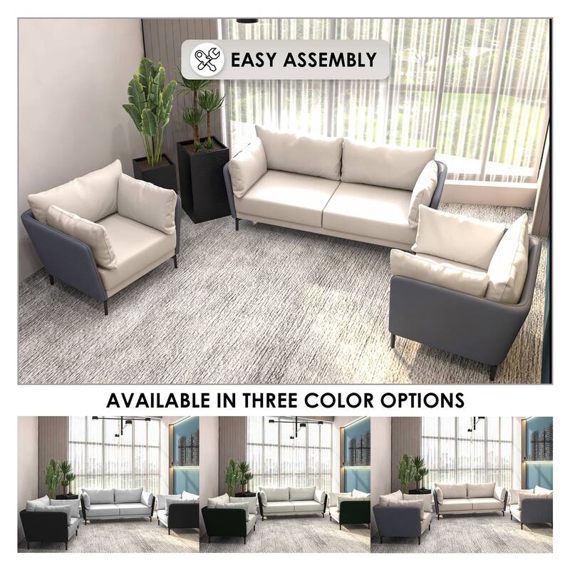 3-Piece Sofa Set Upholstered PU Leather with Metal Legs Removable Cushions for Modern Home Luxify Series by LeisureMod