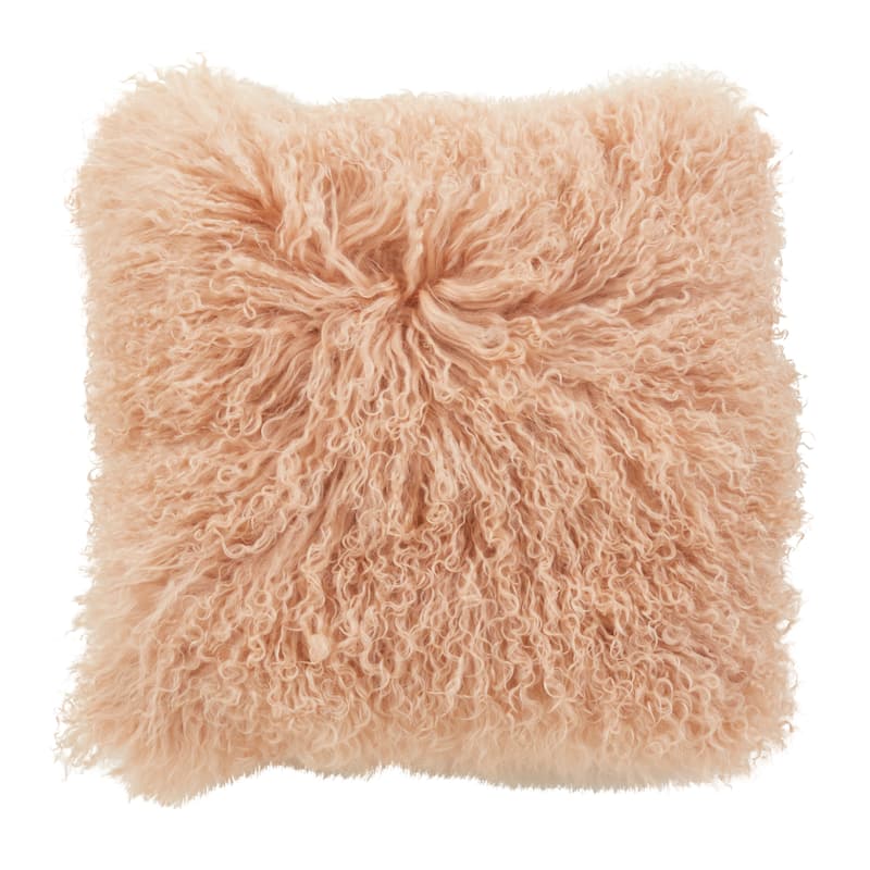 Wool Mongolian Lamb Fur Decorative Throw Pillow - 20 X 20 - Peach