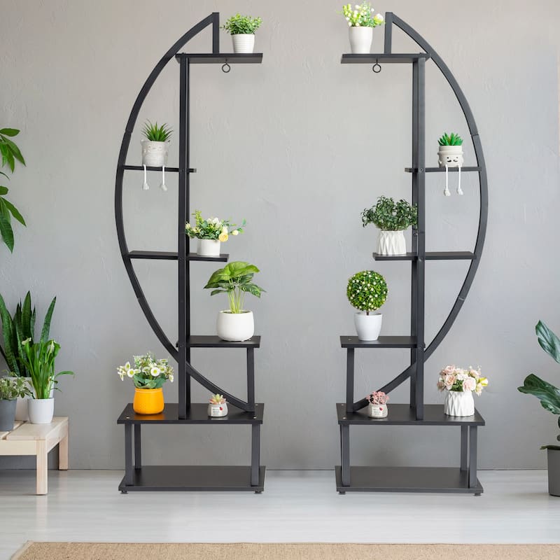 2pcs Half Moon Floor Plant Stand,Ironwood 6-layer Flower Stand Black