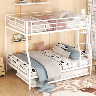 White Full XL Over Queen Metal Bunk Bed with Trundle and Full-Length Guardrail, Convertible to Two Beds