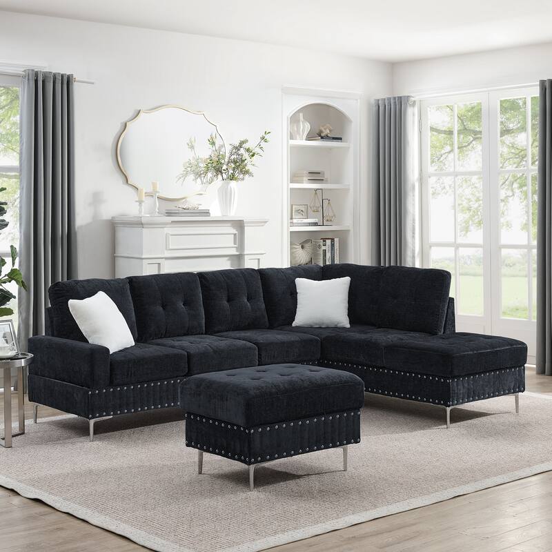 Roomfitters Sectional 3-Seater Sofa with Chaise, Storage Ottoman, Metal Legs, Nailhead Trim and Two Pillows