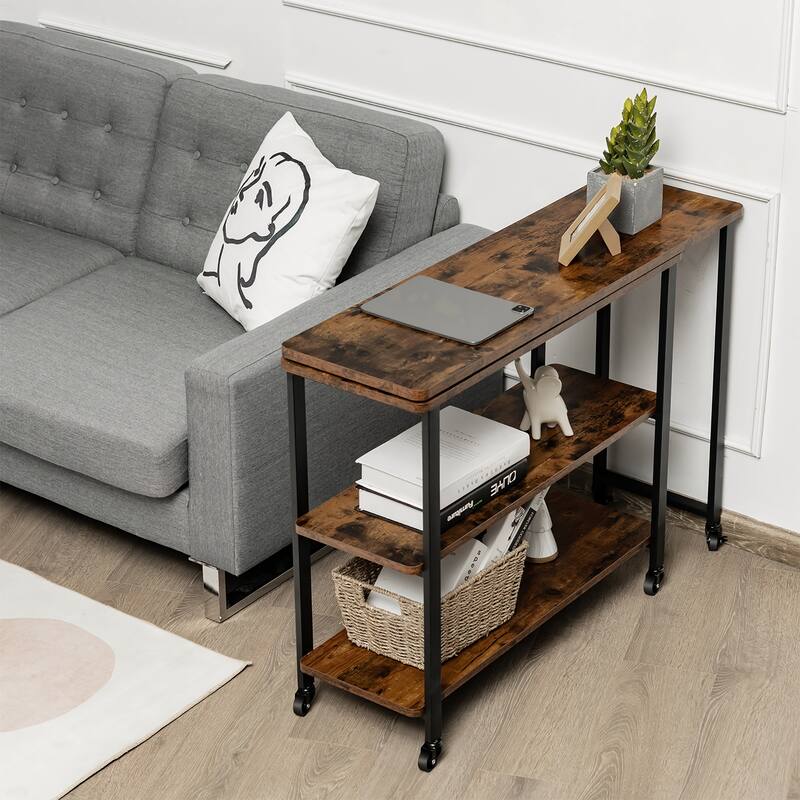 Large Free Rotating Sofa Side Table Mobile Desk with 2 Tier Shelves