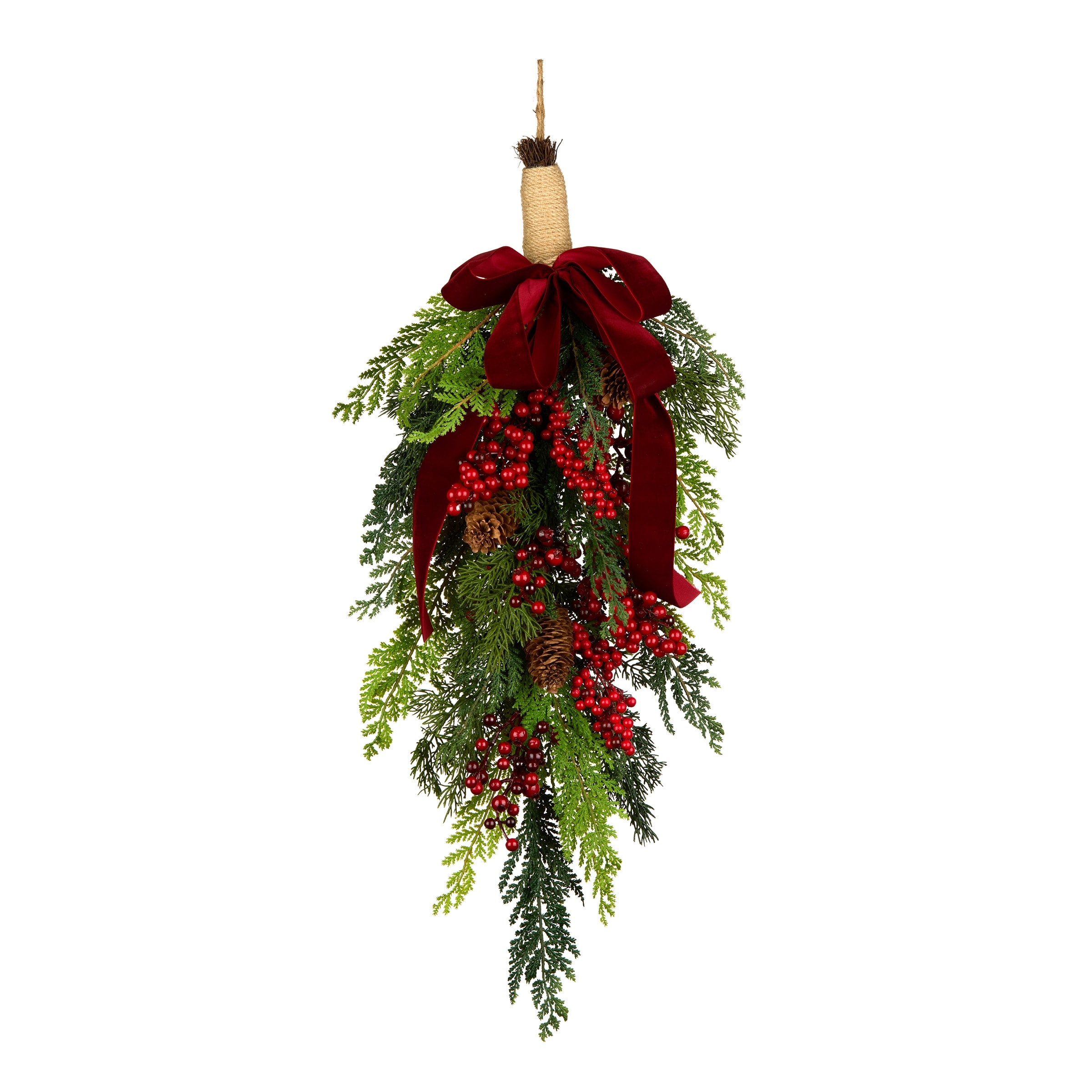 National Tree Company 28 in. Artificial Christmas Joy Teardrop Swag with Red Berries and Bow - 28 in