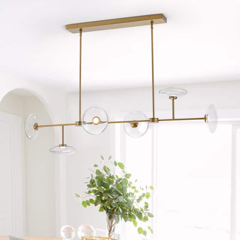Modern 6-Light Disc Glass Dimmable LED Linear Chandelier - N/A - Brass