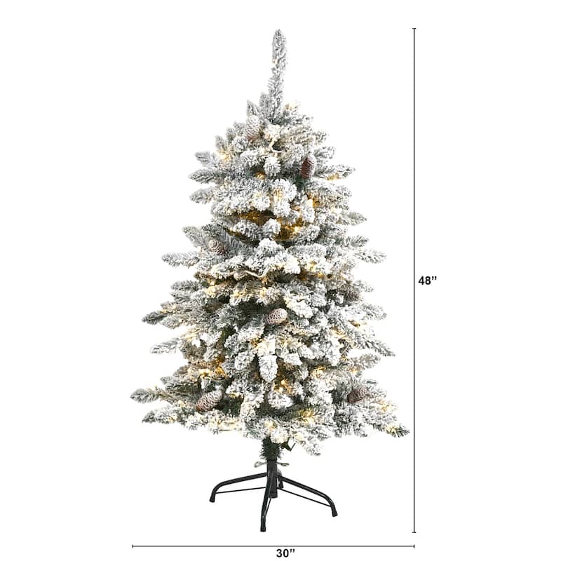 4ft Artificial Christmas Tree - Prelit Flocked Fir Tree with Warm Lights & Pine Cones - White - 48
