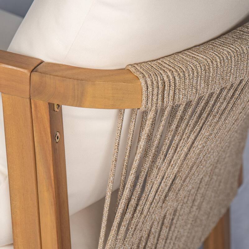 28" Outdoor Lounge Chair with Woven Backrest, Solid Wood Frame, Comfortable Cushions, and Curved Armrests for Patio or Garden