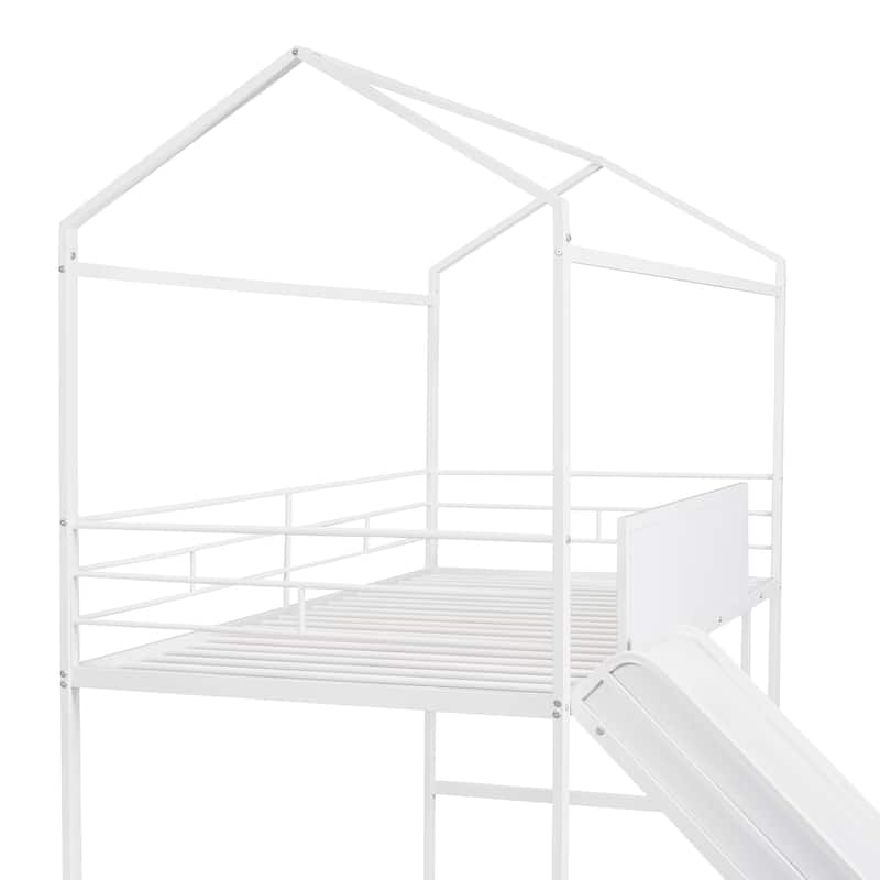 Kids Metal House Loft Bed with Slide and Writing Board - Sturdy Design
