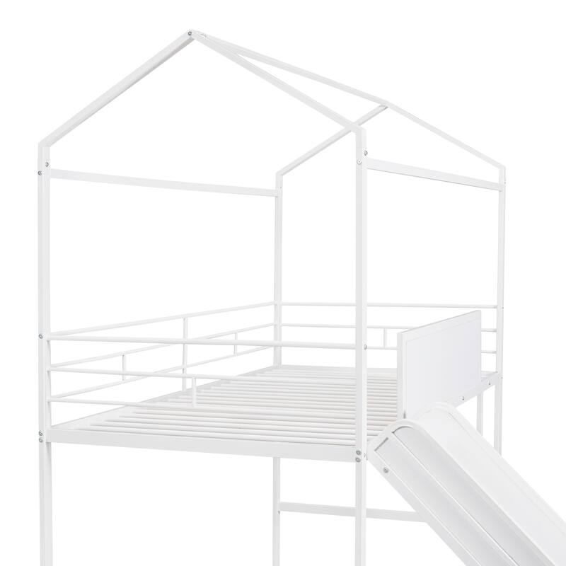 Metal House Bed With Slide, Metal Loft Bed with Two-sided writable Wooden Board