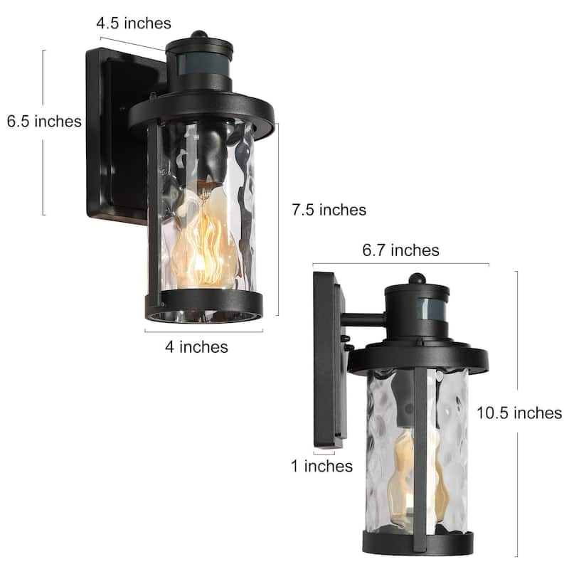 Modern 1-Light Black Motion Sensor Outdoor Barn Light Armed Wall Sconce with Clear Waterfall Glass - 6.7" D x 10.5"H