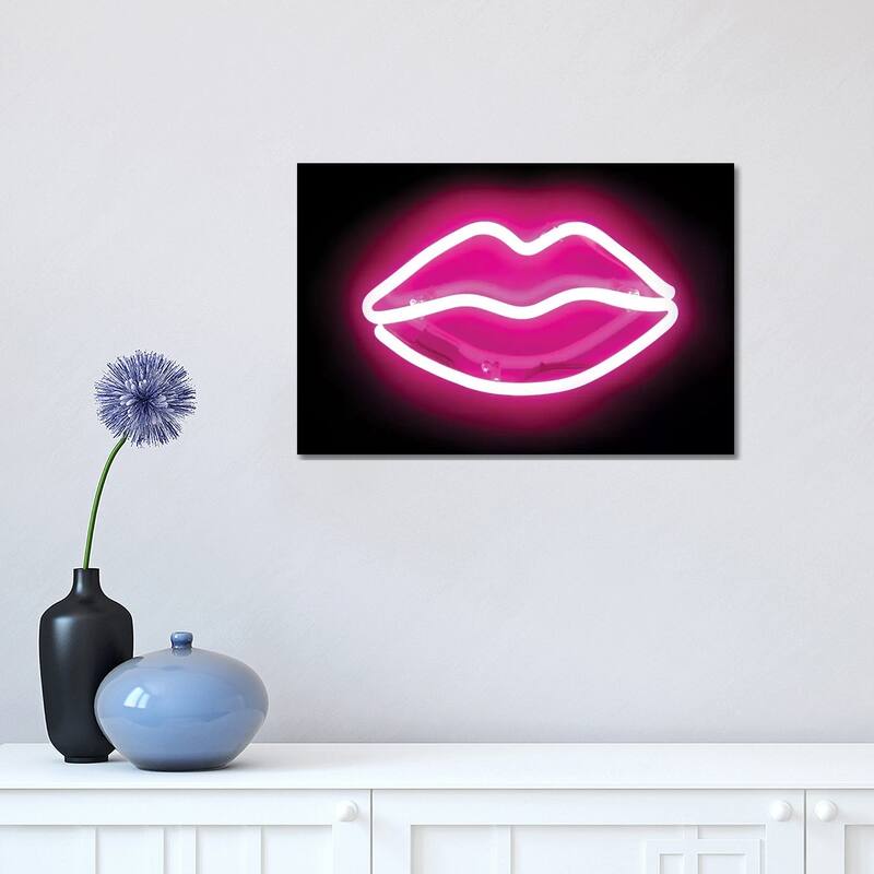 iCanvas "Neon Lips Pink On Black" by Hailey Carr Canvas Print - 12x18x1.5