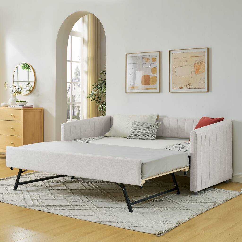 Twin/Full Size Daybed with Trundle, Upholstered Sofa Bed with Vertical Stripes, Linen Fabric, Comfortable Seating for Bedroom