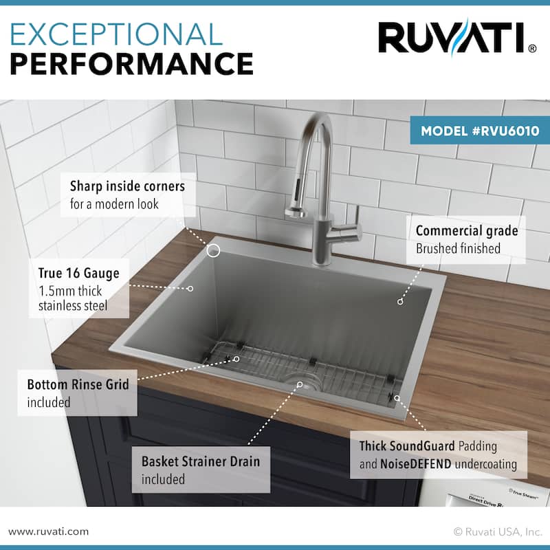 Ruvati Topmount Laundry Utility Sink 25" x 22" x 12" Deep 16 Gauge Stainless Steel - RVU6010 - 25" X 22"
