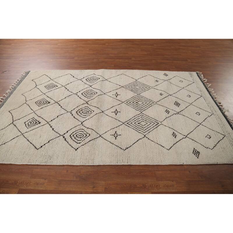 Trellis Moroccan Area Rug Hand-Knotted Geometric Beige Wool Carpet - 5'1"x 8'8"