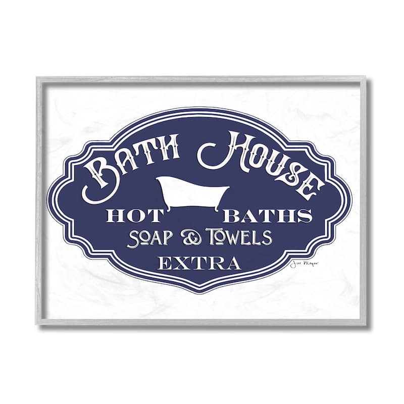 Stupell Vintage Bath House Sign Minimal Blue White Framed Giclee Art Design By Jill Meyer - 16 x 20 - Grey