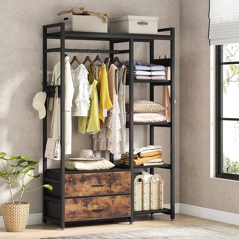 Freestanding Closet Organizer with 2 Drawers, Clothes Shelf Garment Rack with Shelves and Hanging Rod, Clothing Storage-Brown