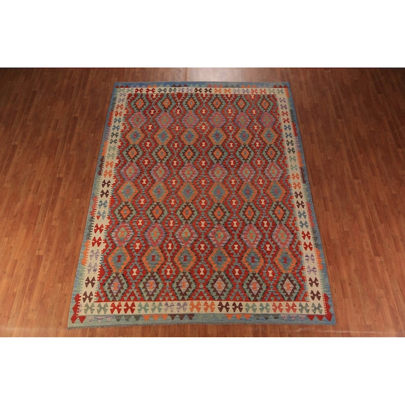 All-Over Orange Kilim Oriental Area Rug Hand-Woven Wool Carpet - 9'5"x 11'2"