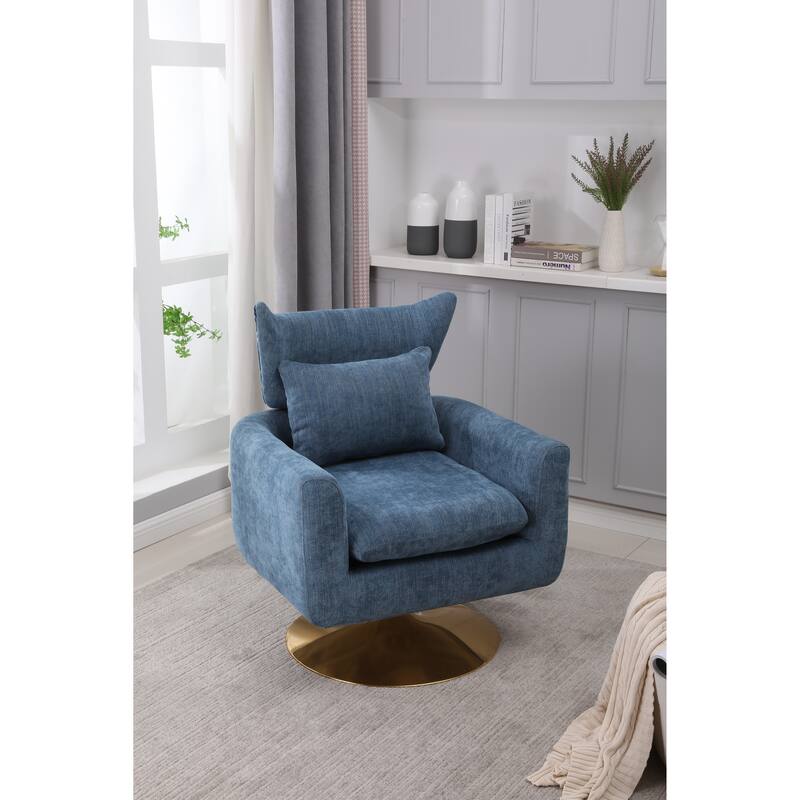 Blue Modern 29.9" Upholstered 360° Swivel Accent Chair with Iron Base and Pillow