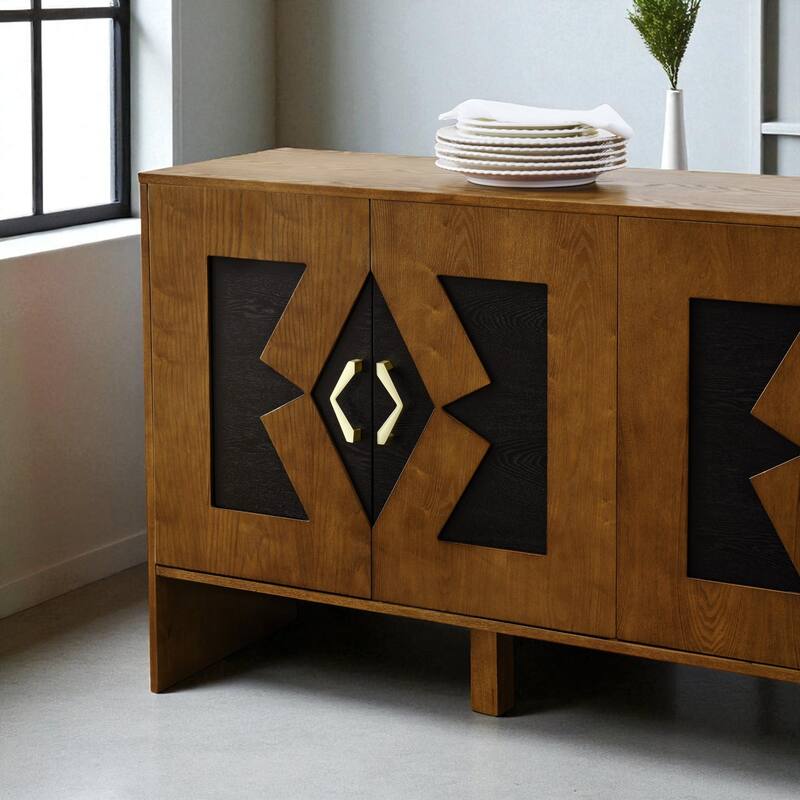 60" Mid Century Sideboard Buffet Cabinet with Geometric Pattern, Adjustable Shelves & Outlet Holes for Entryway