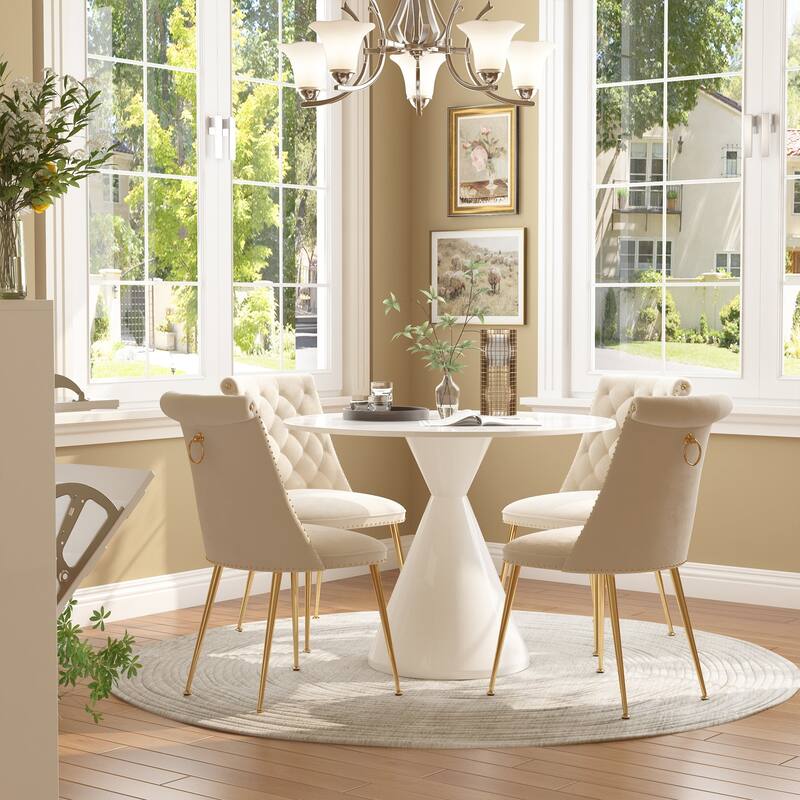 48" Light Luxury White High Gloss Large Countertop Dining Table with Velvet Dining Chair Set