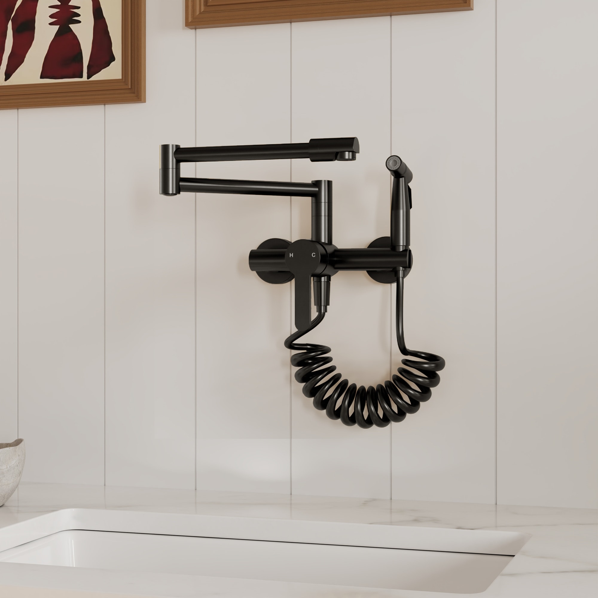 Wall Mount Kitchen Sink Faucet with Side Spray, 2-Hole Kitchen Faucet