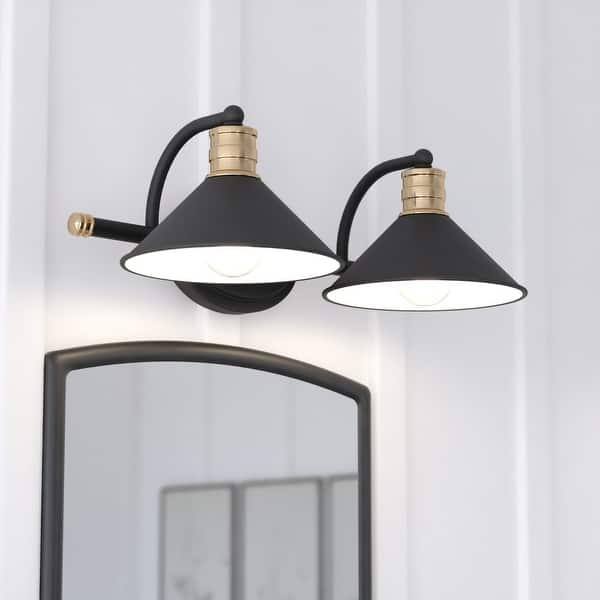 slide 2 of 13, Akron 2-Light 18 in. W Bathroom Vanity Lighting Fixture, Metal Shade, Dimmable, LED Compatible Over the Mirror Mount Wall Sconce 18-in W x 6.25-in H x 10-in D - Matte Black and Natural Brass
