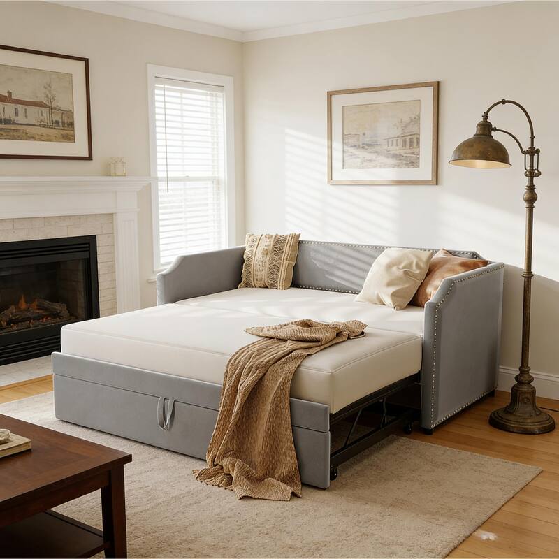 Extendable 2-in-1 Daybed Frame, Space-Saving Twin to King Design,Twin Size Velvet Upholstered Daybed with Pop Up Trundle - Grey