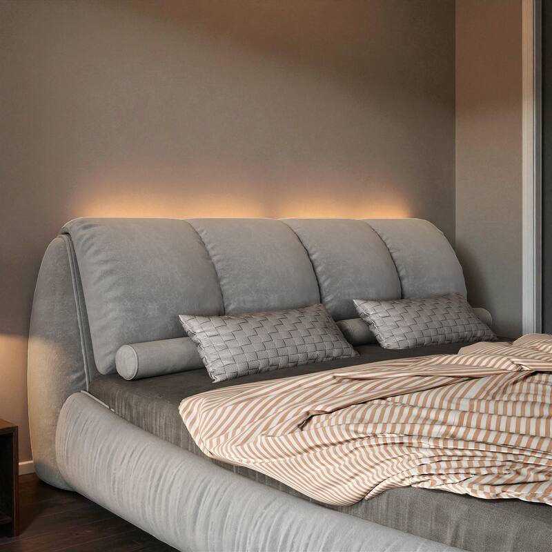 Queen/King Size Luxury Upholstered Platform Bed with Oversized Padded Headboard, Solid Wood Frame & Adjustable Mattress Height