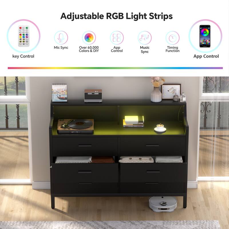 6 Drawers Dresser with Charge Station and LED Light, Closet Organizer for Bedroom