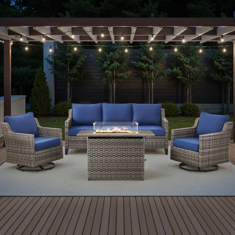 Pocassy 4 Pieces Outdoor Sofa Siwvel Chair w/ Fire Pit Table - Blue Cushion Gray Wicker - 4-Piece Sofa Siwvel Chair w/ Fire Pit Table