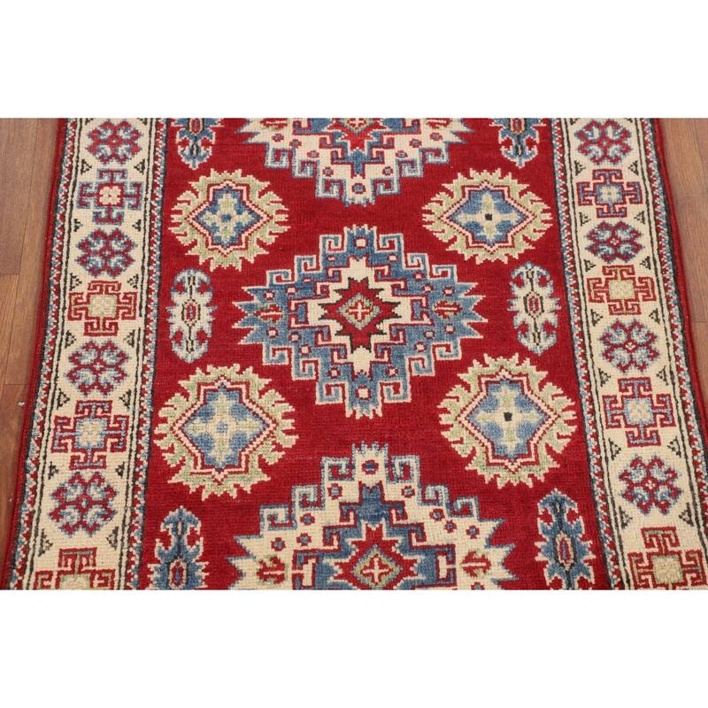 Geometric Red Kazak Accent Rug Handmade Wool Carpet - 2'9" x 4'0"