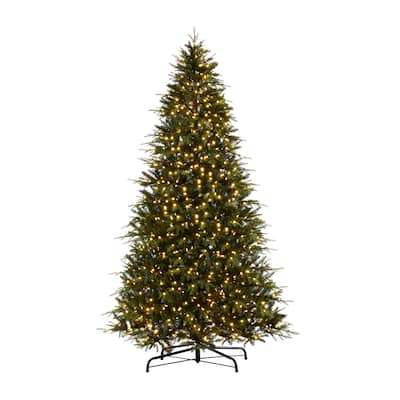 Contempo Prelit Artificial Christmas Tree - Hinged Pine Tree with Lights, Tips, and Stand