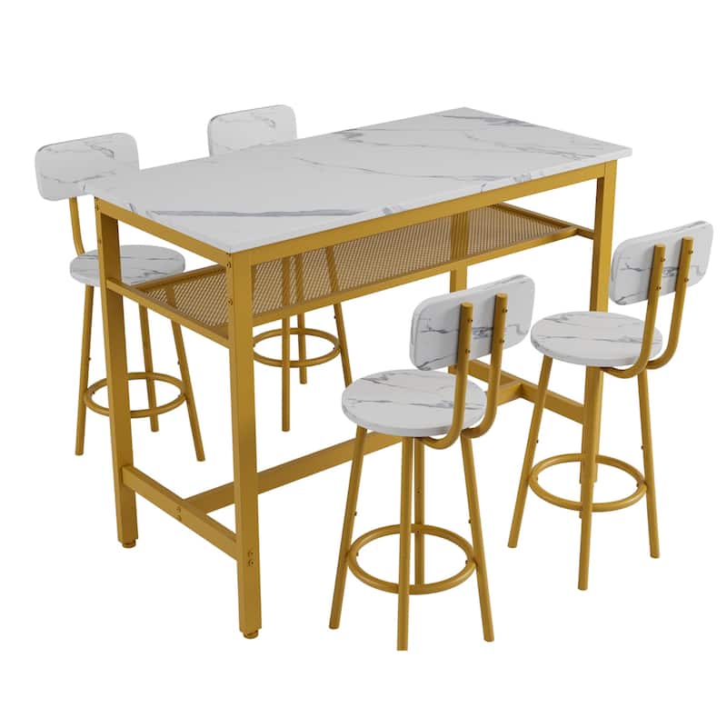 5-Piece Counter Height Bar Table Set with 4 Stools - White+Gold