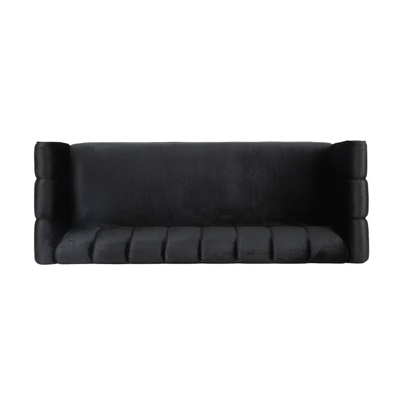 Black Velvet Channel Tufted 3-seater Sofa with Birch Wood Legs