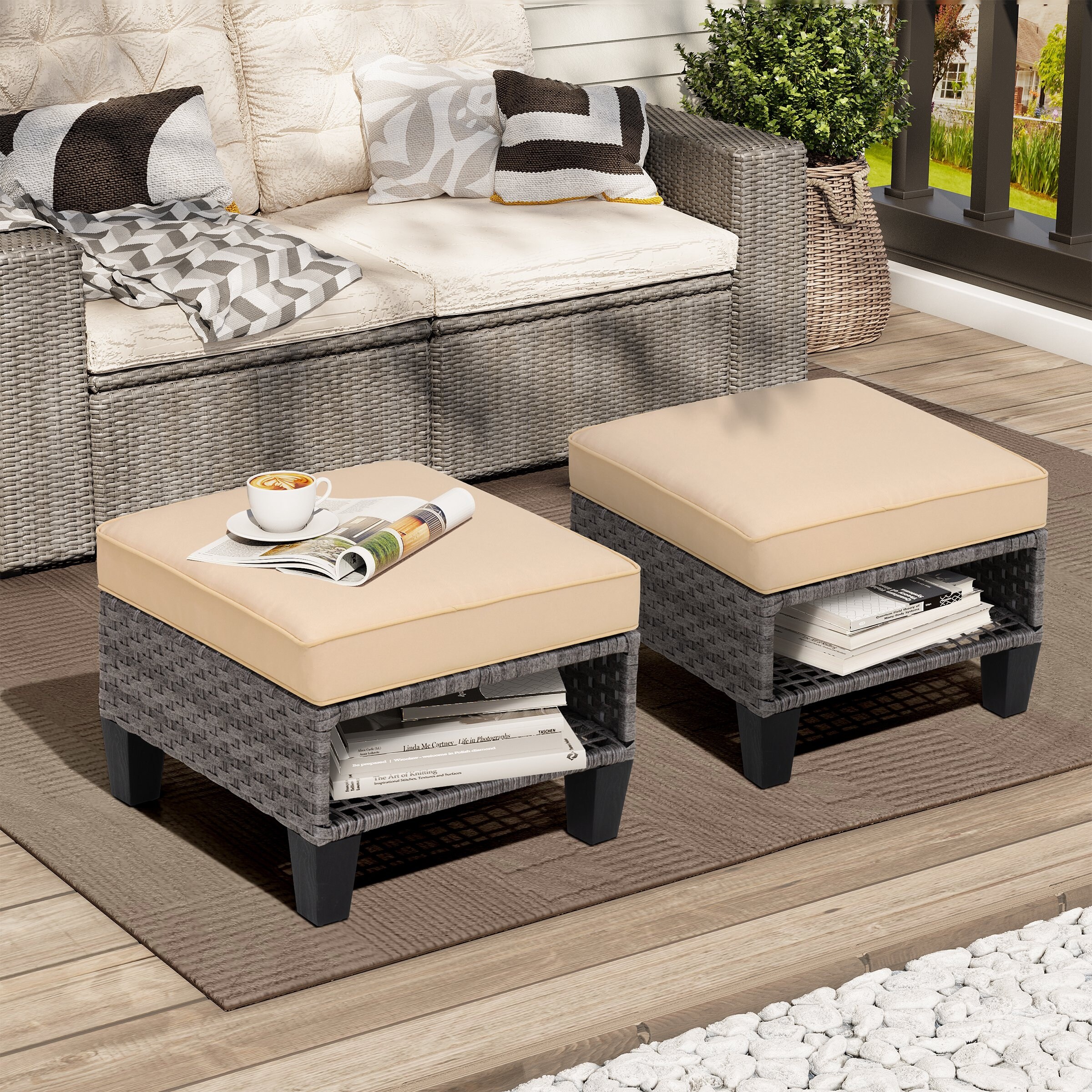 Outdoor Patio Square Rattan Storage Ottomans Set (Set of 2)-image