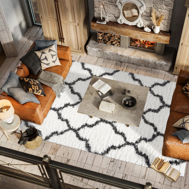 Beni Shag Trellis Ivory/Charcoal Area Rug