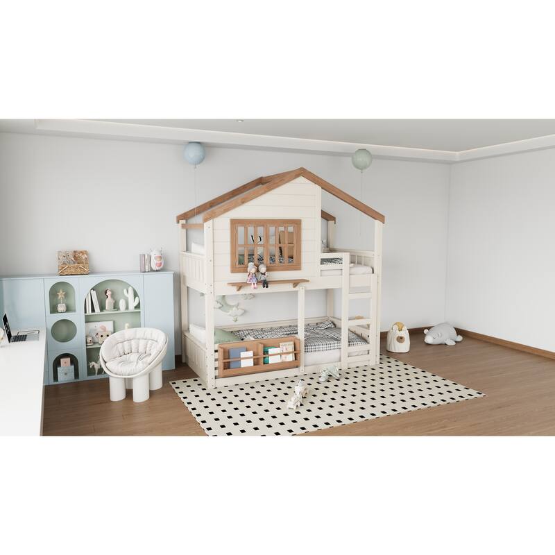 Twin Size Bunk Bed/Loft Bed with Bookshelf, House Design, High-Quality Safety Fencing