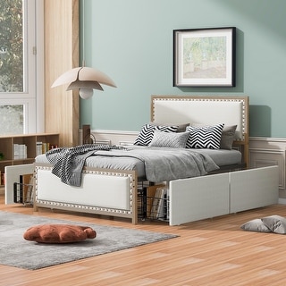 Full Size Upholstered Platform Bed with Nailhead Decoration and Drawers