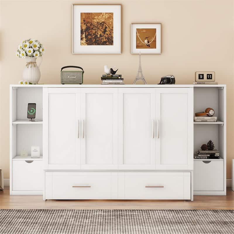 Full Size Murphy Bed with Shelves, Drawers and USB Ports
