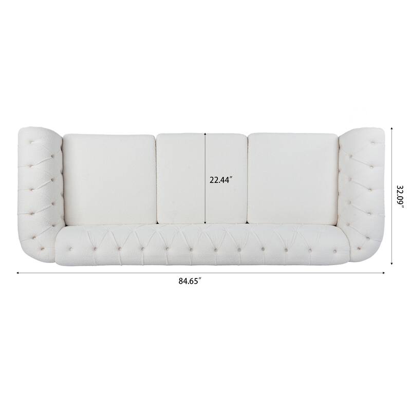 84.65" White Polyester Rolled Arm Chesterfield 3 Seater Sofa
