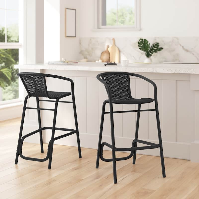 2PK Indoor/Outdoor Rattan Restaurant Barstools - Black