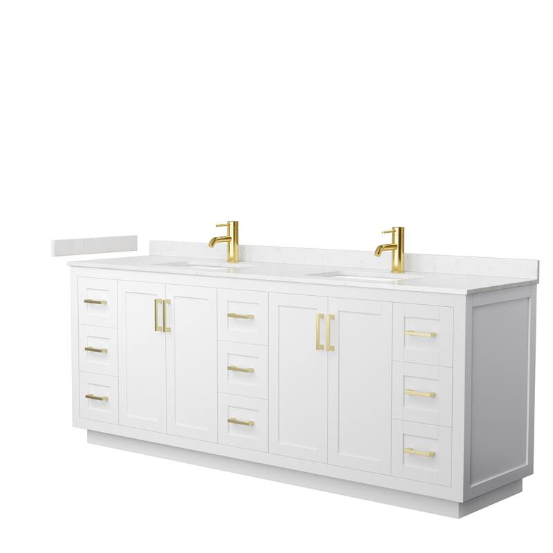 Miranda Double Vanity Set, Cultured Marble Top, No Mirror - 84-Inch Double - White, Gold Trim, Carrara Cultured Marble Top