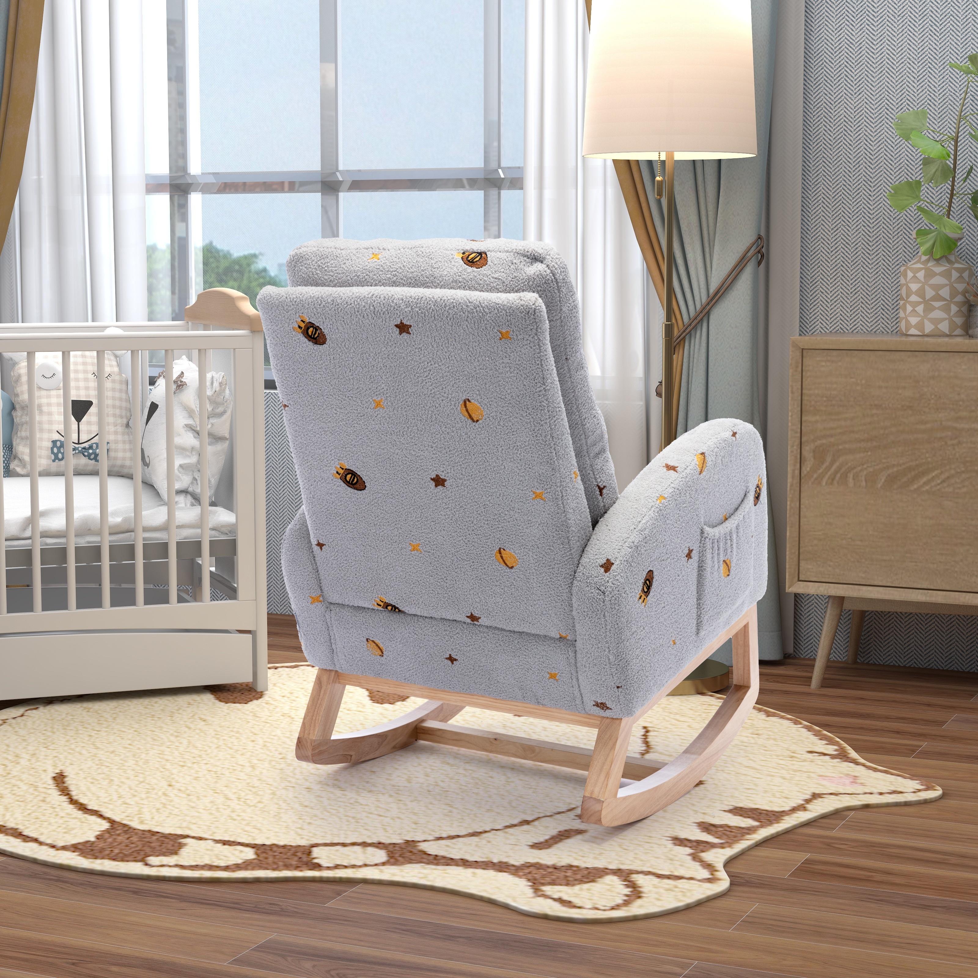 Mid Century Modern Rocking Chair for Nursery with Side Pocket