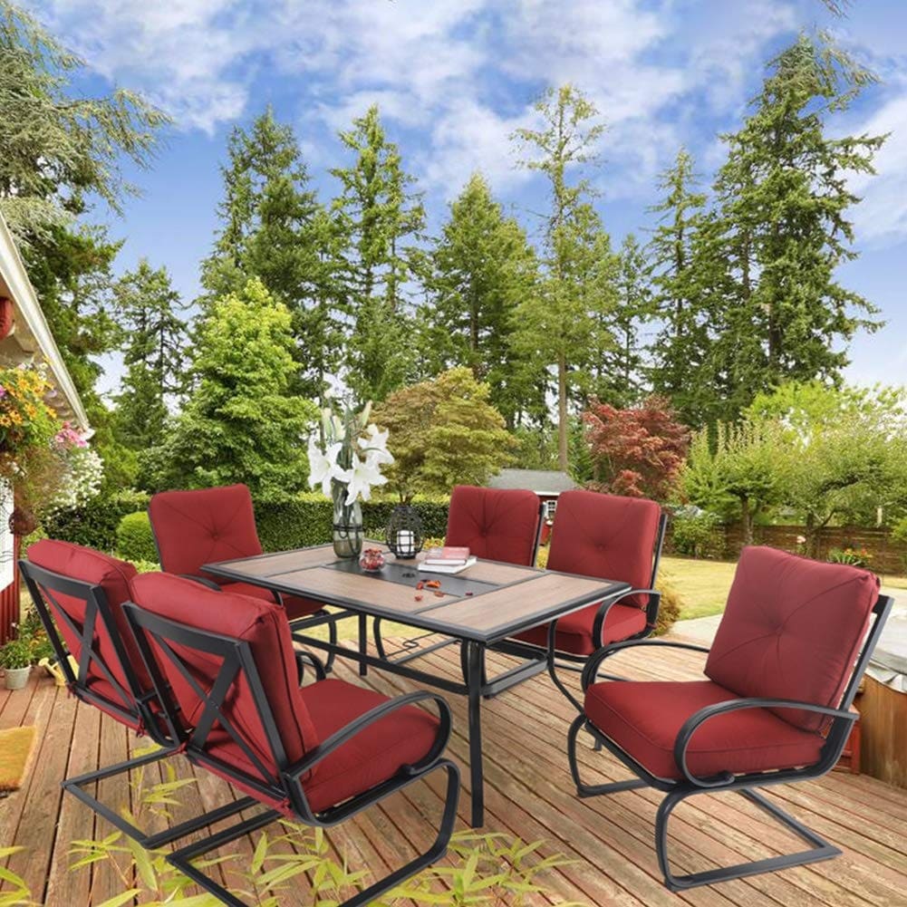 6 Piece Cushioned Spring Motion Dining Chair with Armrest /& 1 Large Rectangle Patio Dining Table with 1.57 Umbrella Hole Beige PHI VILLA 7 pcs Patio Dining Set for Patio Garden Backyard
