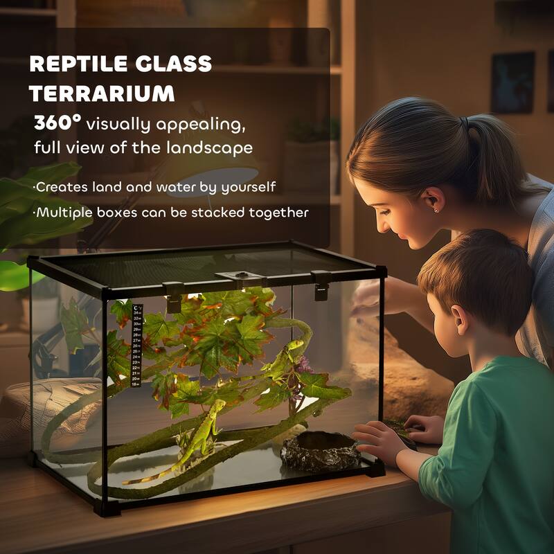 PawHut 14 Gallon Glass Reptile Enclosure with Decor Kit, Crested Gecko Tank, Full View Terrarium Tank