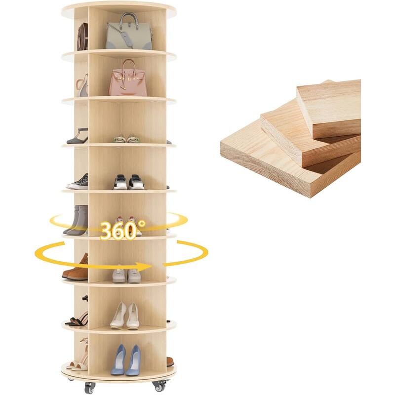 AECOJOY 8 Tier Rotating Shoe Rack, Shoe Tower Organizer with 4 Universal Casters - Brown