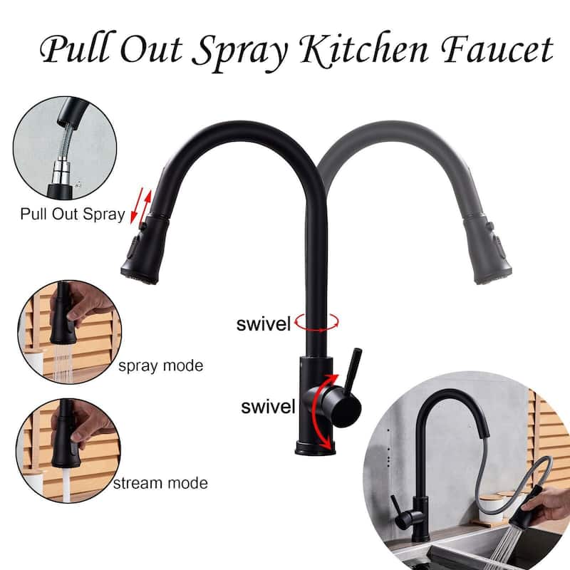 Matte Black Pull Out Spray Kitchen Sink Faucet Commercial Swivel Tap W/Plate - 7'9" x 10'10"