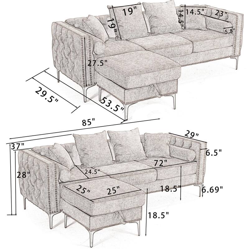85" L-Shaped 4-Seater Sectional Sofa with Convertible Storage Ottoman, Pillows, Solid Wood Frame, and Modern Tufting
